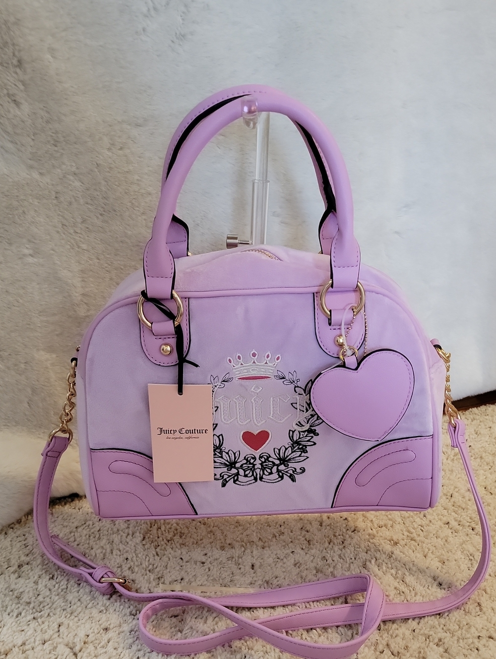 Juicy Couture Lilac Dome Satchel with Heart Keychain And Heart Zipper pull NWT